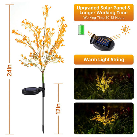 2-Pack Golden Solar Flower Lights Outdoor Waterproof With 7 Stems showing 24-inch height, solar panel, and warm LED illumination.