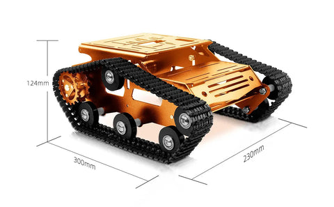 Rock Solid Aluminum Alloy Smart Robot Chassis Kit Rolling Smooth with heavy duty tracks, dimensions 300mm x 230mm x 124mm.