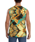 Men Breathable Mesh Sleeveless Tank Top Featuring Raw Cut Edges And Dropped Shoulders Quick Dry Gym Vest in vibrant abstract design.