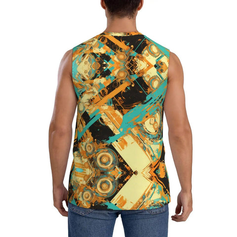 Men Breathable Mesh Sleeveless Tank Top Featuring Raw Cut Edges And Dropped Shoulders Quick Dry Gym Vest in vibrant abstract design.