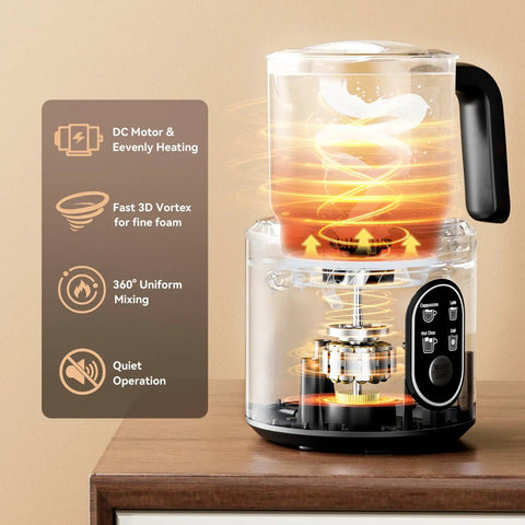 Barista Quality Home Milk Frother And Warmer With Heating Function Four In One Hot And Cold Foam Maker 24 Oz Detachable Stainless Steel Jug With Transparent Lid For Latte Cappuccino And Macchiato displayed on a counter.