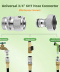 Solid Brass Garden Hose Quick Connector Kit Three Quarter Inch GHT Thread Fittings With Female And Male Adapters connected to faucets and hoses