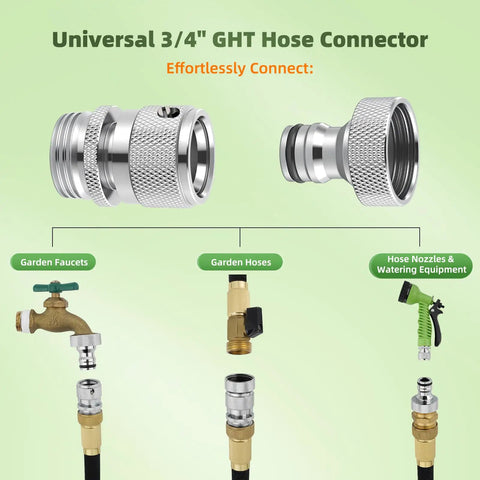 Solid Brass Garden Hose Quick Connector Kit Three Quarter Inch GHT Thread Fittings With Female And Male Adapters connected to faucets and hoses