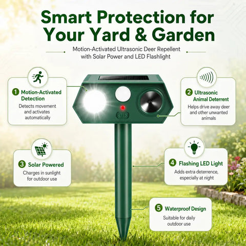Solar Ultrasonic Deer Repellent Device 4 Pack With Motion Sensor And Flash Light No Go Zone Yard Guard For Flower Beds Vegetables And Gardens Deterrent For Deer Squirrels Raccoons And Rabbits With Multi Frequency 13 to 45KHz solar-powered stake in garden