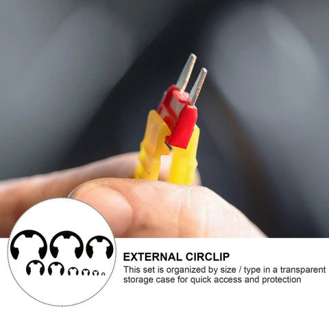 Close-up of All In One External Circlip Retaining Rings Kit With 328 Pieces In Black Manganese Steel showing detail of clips