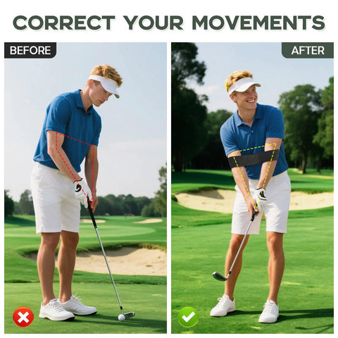 Grip Trainer And Swing Correcting Arm Band Golf Training Combo For Correct Hand Position And Grip, Improved Swing Mechanics display.