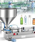 Badass Heavy Duty Smooth Running Horizontal Pneumatic Liquid Filling Machine With 30L Hopper For Perfume Beverage Paste Production In Small Biz Shops At 1000Ml. Detailed view showing machine with funnel and various container types.