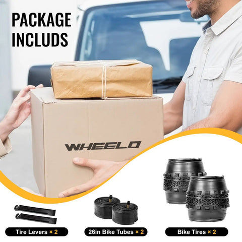 Image of package containing 2-Pack 27.5x2.1 Inch Mountain Bike Tires With Folding Bead, Schrader Valve Inner Tubes, and Tire Levers.