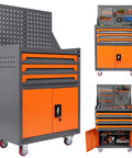 Beefy Rolling Tool Chest On Wheels For Auto Shop And Garage Built From Thick Cold Rolled Steel With Rust Resistant Finish Protective Liners In Each Compartment Spacious Top Tray Locking Casters Ideal Tool Storage Cart, grey and orange