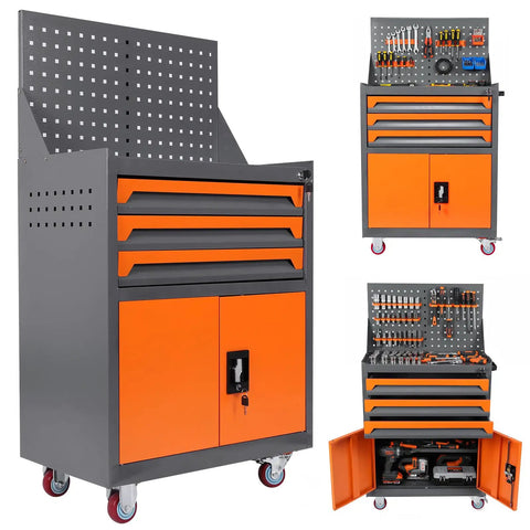 Beefy Rolling Tool Chest On Wheels For Auto Shop And Garage Built From Thick Cold Rolled Steel With Rust Resistant Finish Protective Liners In Each Compartment Spacious Top Tray Locking Casters Ideal Tool Storage Cart, grey and orange