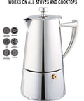 Stainless Steel Stovetop Espresso Maker For 6 Cups Easy To Clean Moka Pot With Heat Resistant Non Reactive Design Barista Grade Brew