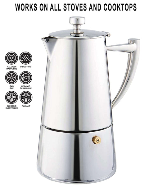 Stainless Steel Stovetop Espresso Maker For 6 Cups Easy To Clean Moka Pot With Heat Resistant Non Reactive Design Barista Grade Brew
