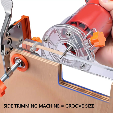 Dead Nuts Precise Embedded Handle Slotting Template With Quick Clamp And Router Dust Cover For Wardrobe Cabinet Door Panel U Groove Positioning Jig close-up showing router and clamping mechanism.