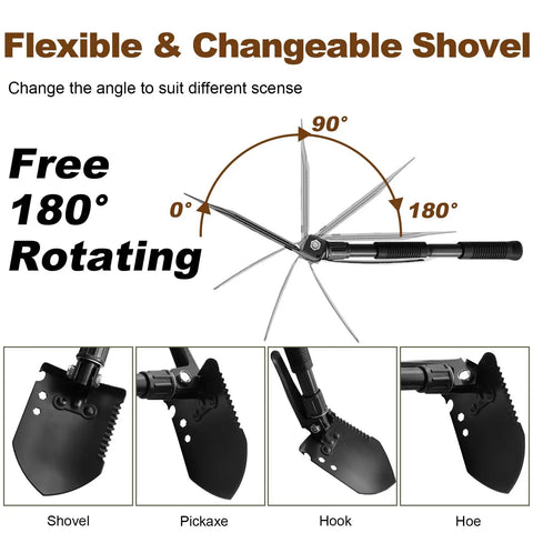 Ultra Portable Folding Camping Shovel With Carbon Steel Build showing flexible rotation with shovel, pickaxe, hook, hoe attachments.