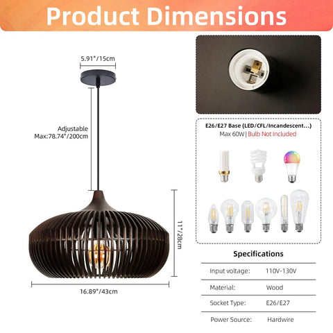 Arturesthome 1-Light Wooden Pendant Light Ceiling Hanging Light for Kitchen dimensions, wooden design, adjustable height, E26 socket.