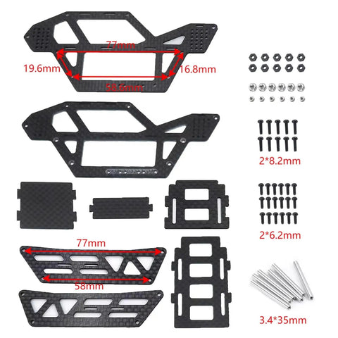 Beefy 1 To 24 Scale RC Car Chassis Frame Roll Cage Upgrade parts layout, carbon fiber and aluminum materials.