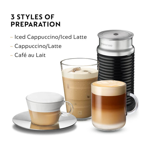 Aeroccino 3 Milk Frother For Hot Foam And Cold Froth, Easy One Step Operation, A Solid Home Coffee Setup Accessory For Lattes And Cappuccinos, Black And Steel Finish with three styles of coffee preparation