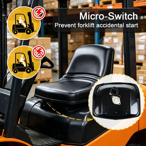 Universal Forklift Seat With Reinforced Steel Backrest And Built In Safety Micro Switch Engineered For Heavy Rig Work That Keeps You Secure And Solid Through Every Shift, showcasing micro-switch safety feature.