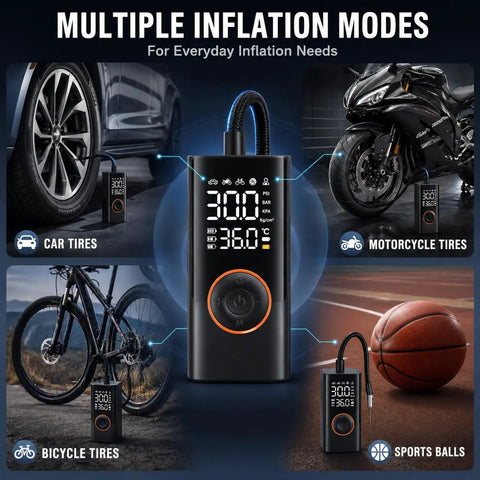 Slick Cordless Tire Inflator Compact Air Compressor For Tesla Cybertruck 2023 2024 2025 2026 with multi-inflation modes for car, bike, and sports.