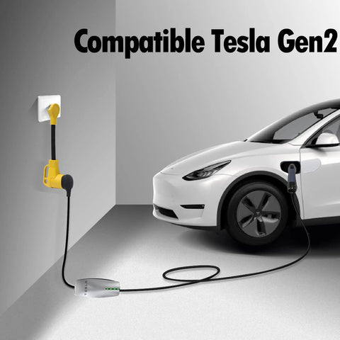 Heavy Duty Nema TT-30P To 14-50R Power Cord Adapter For EV Charging Tesla Gen Two connected to a car.