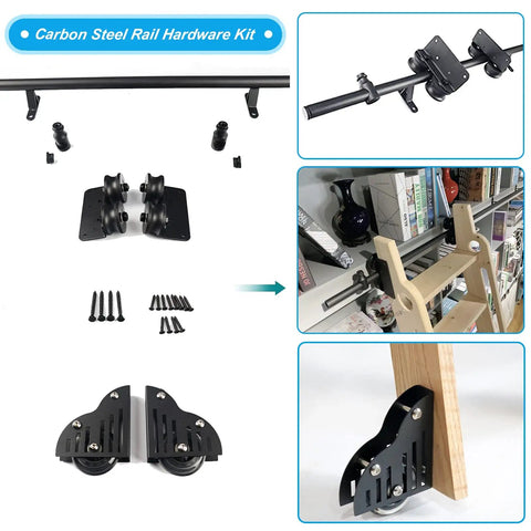Heavy Duty Sliding Barn Door Hardware Kit With Adjustable Ladder Track And Slick Rolling Carriage Wheels For Closets Pantries And Room Dividers No Sweat Setup, featuring carbon steel rail and rollers.