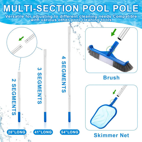 3 Piece Pool Cleaning Kit With Skimmer Net And Long Reach 47 Inch Aluminum Pole Plus Debris Brush For Above Ground And Inground Pools Ponds Spas Hot Tubs Easy Clean, 4-segment pole