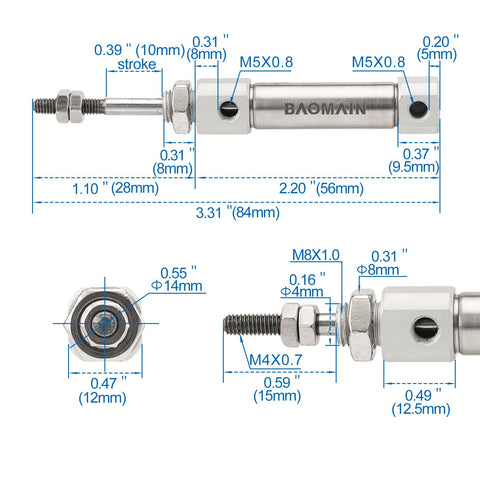 Diagram of Compact Aluminum Pneumatic Air Cylinder CDJ2B10-10 Double Acting, 10mm Bore, 10mm Stroke, Single Rod Mini Actuator