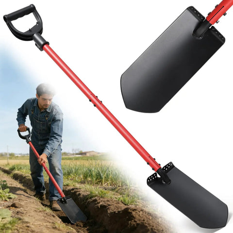 Beefy Heavy Duty Trench Shovel For Digging And Planting With Narrow 12 Inch Spade And 47 Inch Handle in use in a garden trench