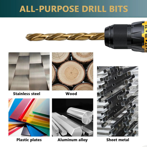 13PC Premium M35 Cobalt Twist Drill Bit Set 1/16 To 1/4 Inch Split Point Kit For Hardened Metal Stainless Steel Cast Iron Wood And Plastic, gold drill bit set