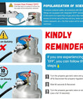 Two-stage propane regulator with 3/8 in NPT and POL attached to a propane tank, instructional infographic showing EFP steps