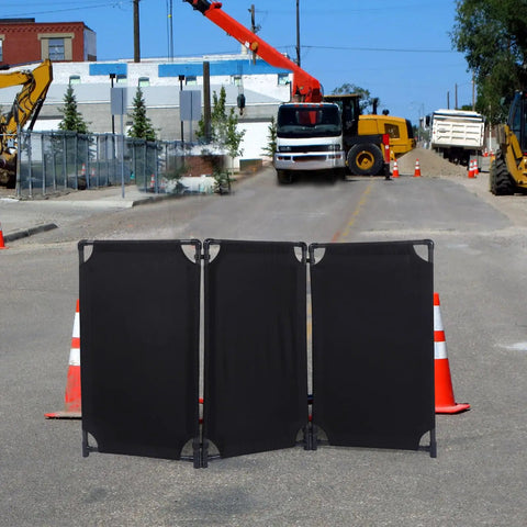 Safety Barricade 5.8 Ft Caution Sign PVC Frame Folding Security Gate Portable Privacy Fence at a construction site with six panels