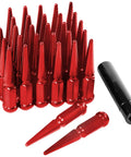 Red Spike Lug Nuts In Steel, 32 Count, M14X1.5, 60 Degree Conical Seat, Closed End, One Piece Construction with socket key