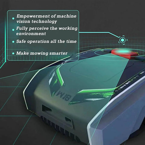 Smart Robotic Lawn Mower With Auto Charging Dock, displaying safety features and machine vision technology details.
