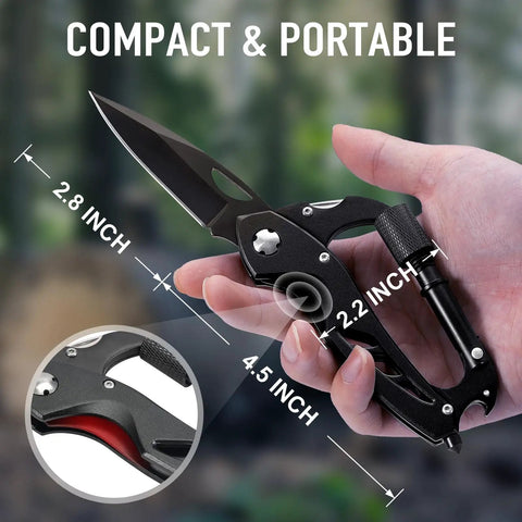 Six In One Multitool Carabiner With Pocket Knife And Bottle Opener For Everyday Carry Camping And Hiking Survival Gear shown in hand