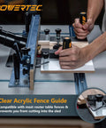 Heavy Duty 24 Inch Router Table Fence System With Rail Coping Sled shows clear acrylic fence guide for precise cuts.