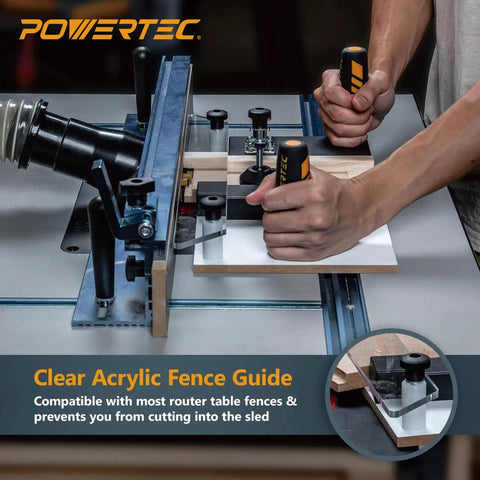 Heavy Duty 24 Inch Router Table Fence System With Rail Coping Sled shows clear acrylic fence guide for precise cuts.