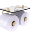 Dottingham 2 Roll Toilet Paper Holder With Glass Shelf Satin Brass Finish Solid Brass Bath Accessory For Extra Roll Storage Sleek Modern Design No Brainer For Everyday Convenience In Your Powder Room, showing double roll holder with brass details and glass shelf.