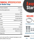 Power washer pump technical specifications and included items detailed in an image chart.