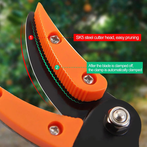 Close-up of SK5 steel cutter head on Long Reach Cut And Hold Bypass Pruner 3.5 Ft For Precision Pruning In Gardens Dope Lightweight