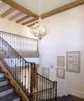 White French Country Five Light Chandelier With Antique Distressed Wood Cozy Farmhouse Rustic Pendant Light For Dining Room Living Room Foyer Entryway And Staircase Cottage Chic Home Decor in staircase setting