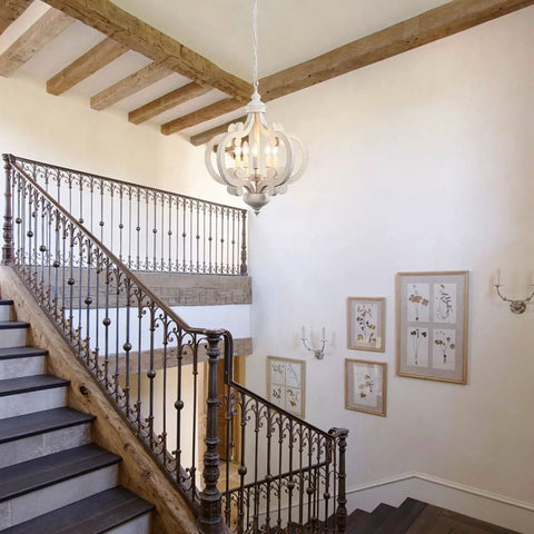 White French Country Five Light Chandelier With Antique Distressed Wood Cozy Farmhouse Rustic Pendant Light For Dining Room Living Room Foyer Entryway And Staircase Cottage Chic Home Decor in staircase setting