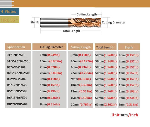 Front view of a 4-flute carbide square end mill, 6mm cutting diameter and 6mm shank, TISIN coated