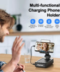 All In One Phone Stand With Bluetooth Speaker And Charging Dock 360 Degree Rotating HD Stereo Sound Built In Microphone on desk