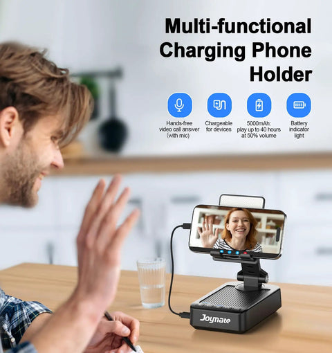 All In One Phone Stand With Bluetooth Speaker And Charging Dock 360 Degree Rotating HD Stereo Sound Built In Microphone on desk