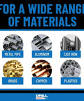 Drill America graphic showing six materials: metal pipe, aluminum, cast iron, brass, copper, plastics with logo