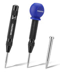 WORKPRO 2-pack automatic center punches with replacement tip; black knurled metal bodies and blue-cap head.
