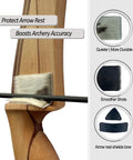Natural Fur Hair Arrow Rest Set for Longbow and Recurve Bow shown on wooden bow with arrow and side details