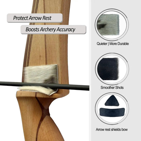 Natural Fur Hair Arrow Rest Set for Longbow and Recurve Bow shown on wooden bow with arrow and side details