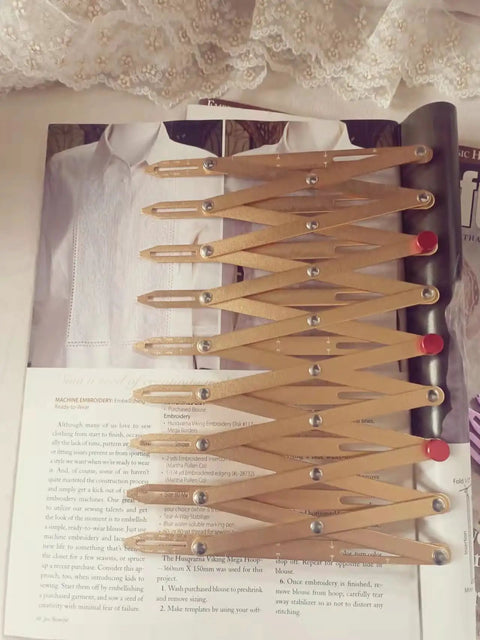 Aluminum Expanding Sewing Gauge Five In One Button Spacing Tool With Sliding Gauge Measuring Set Gold Finish For Fast Pro Button Placement Pleats Hooks And Dress Details on sewing magazine