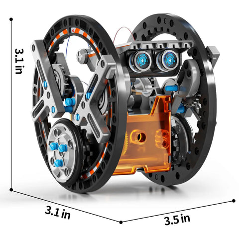 Solar Powered STEM Robotics Kit For Kids Aged 8 To 13 Build 12 Solar Robots showing a gray and orange 3.5x3.1 inch robot model